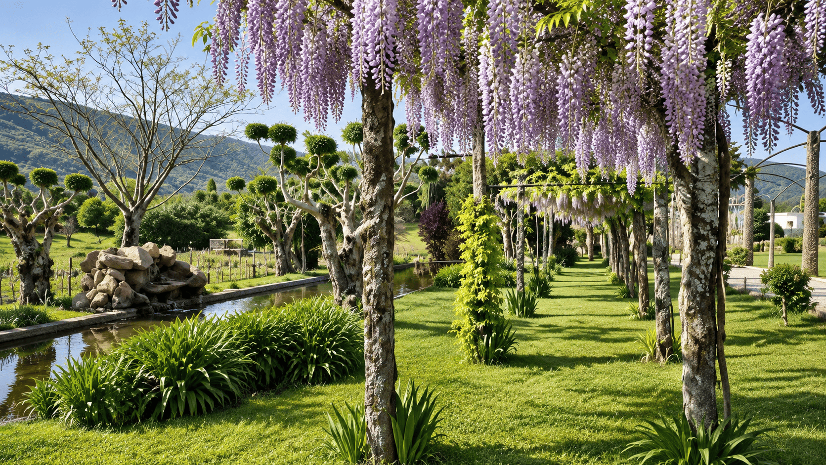 Garden, pond and wisteria at Quinta de Grejufe